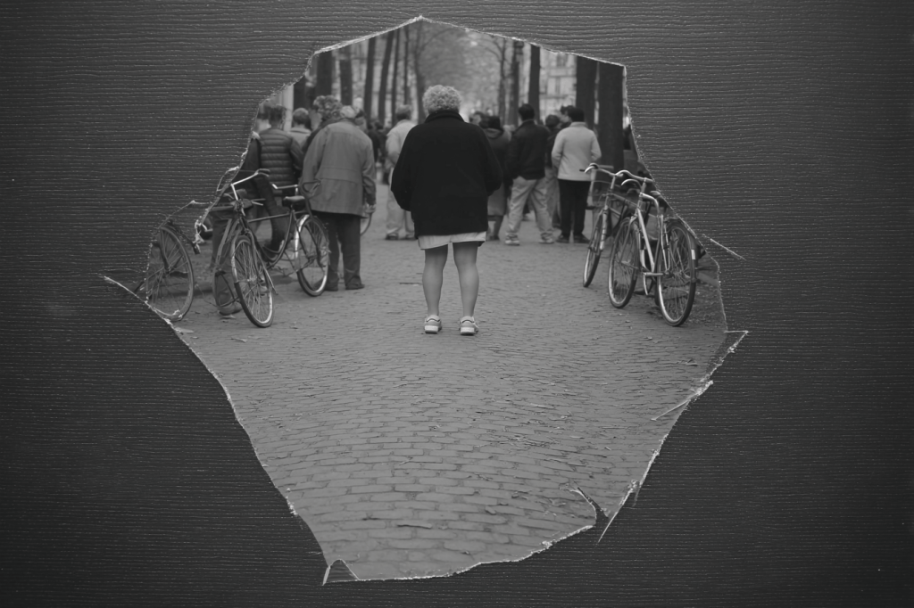 foto in bianco e nero di un vetro rotto specchiato. Riflette l'immagine di biciclette e una persona in centro, in bianco e nero