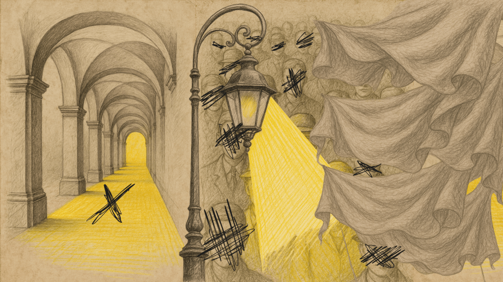 l'illustrazione rappresenta dei motivi ottocenteschi: delle arcate, un antico palo della luce, dei drappeggi. Da ogni elemento esce una luce gialla. Dai drappeggi escono dei volti, scarabocchiati a penna nera.