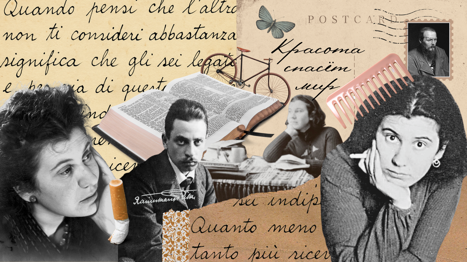 collage di Etty Hillesum in stile vintage. Alcune sue fotografie in primo piano, lei con una sigaretta in bocca, lei alla scrivania e lei sognante. Una foto di Rilke, che amava. Una citazione di Dostoevsky in russo: la bellezza salverà il mondo.