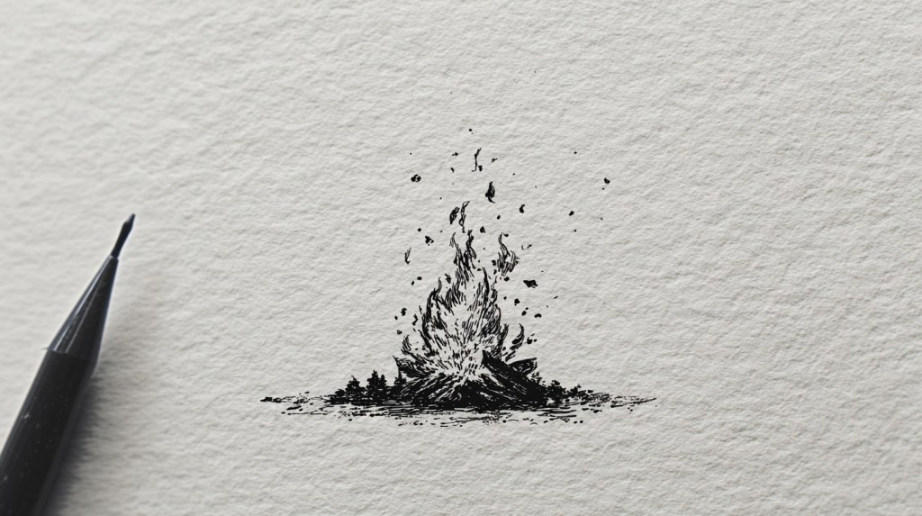 la foto rappresenta uno sketch di un fuoco su carta da disegno fatto con inchiostro nero, con una penna sfuocata sulla sinistra.