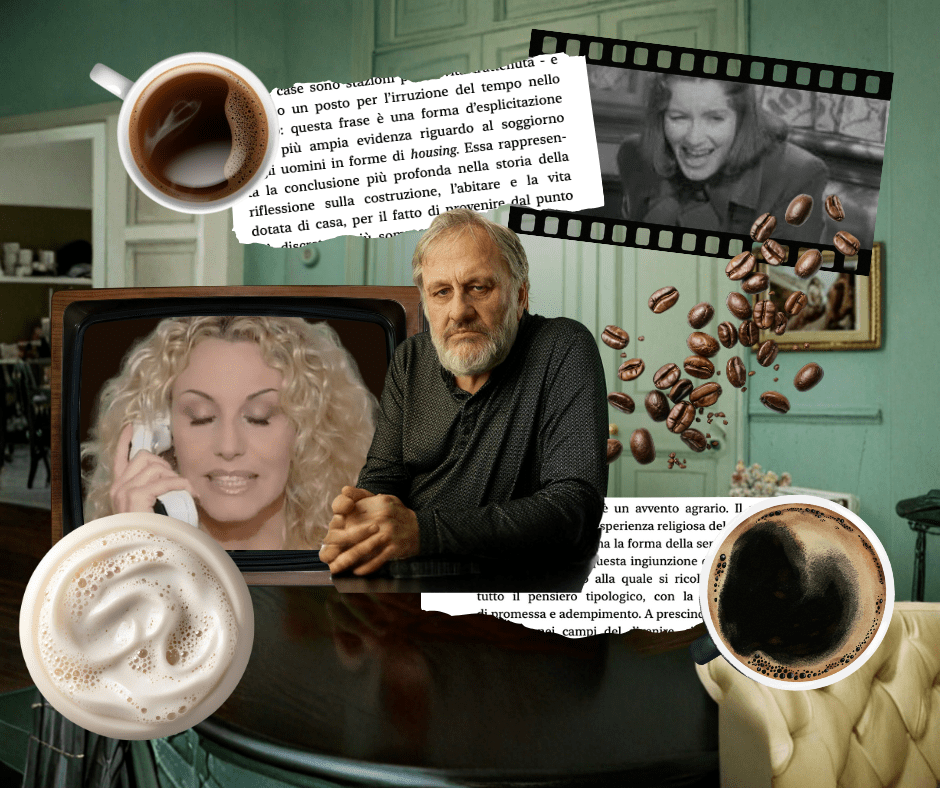 Collage di Antonella Clerici, caffè, stralci di brani del libro Schiume di Sloterdijk