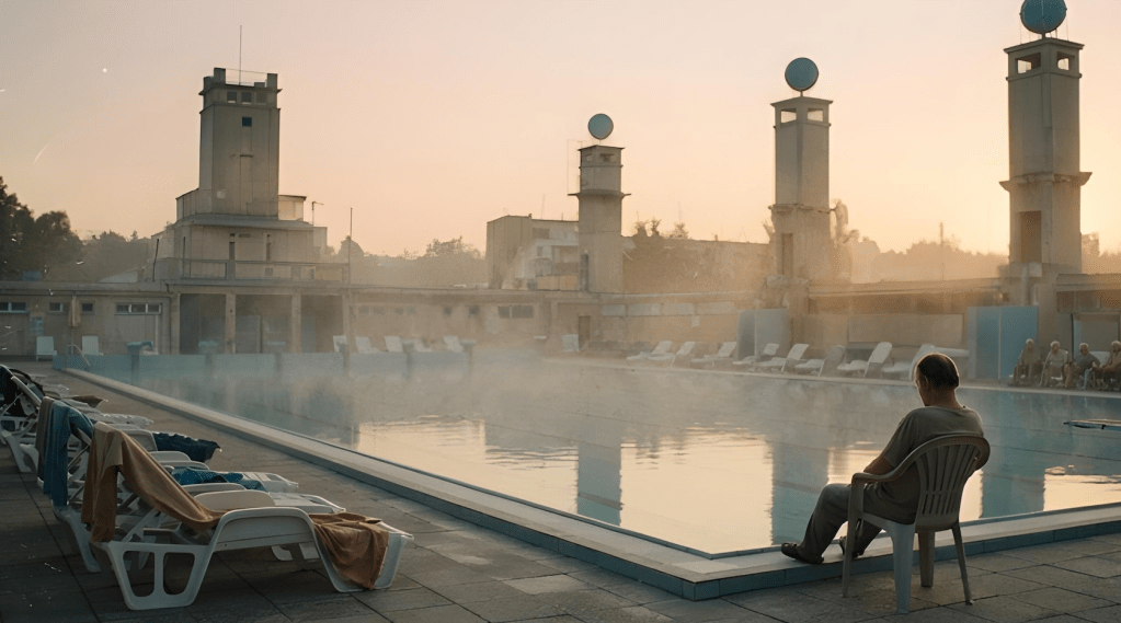 uomo seduto a bordo piscina, tardo pomeriggio. Ha un'aria pensosa, lo vediamo in ombra e quasi di spalle. Alla sua sinistra, dei lettini. Lui è seduto su una sedia.