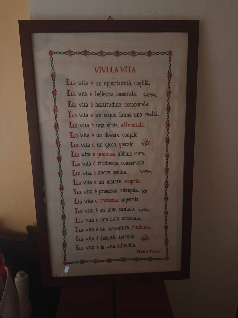 La vita è un'opportunità, coglila.La vita è bellezza, ammirala.La vita è beatitudine, assaporala.La vita è un sogno, fanne una realtà.La vita è una sfida, affrontala.La vita è un dovere, compilo.La vita è un gioco, giocalo.La vita è preziosa, abbine cura.La vita è una ricchezza, conservala.La vita è amore, godine.La vita è un mistero, scoprilo.La vita è promessa, adempila.La vita è tristezza, superala.La vita è un inno, cantalo.La vita è una lotta, accettala.La vita è un'avventura, rischiala.La vita è felicità, meritala.La vita è la vita, difendila. Quadro di questa poesia di madre teresa di calcutta ricamata male a punto croce 
