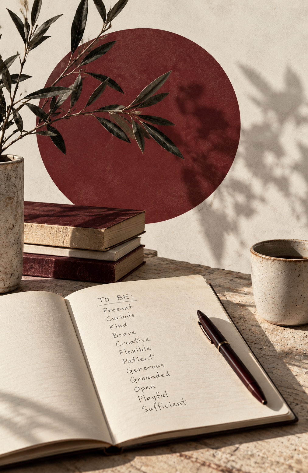 Composizione editoriale con quaderno To Be, libri e cerchio bordeaux