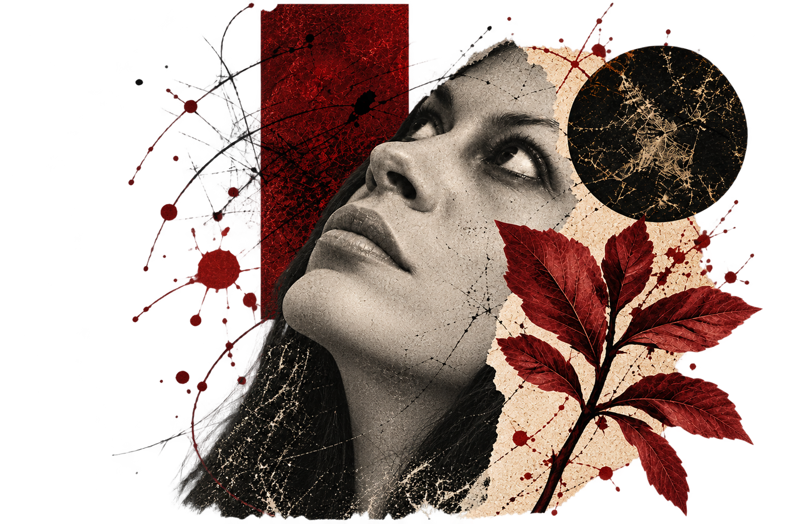 Collage grunge con ritratto rivolto verso l'alto, foglie rosse e luna nera